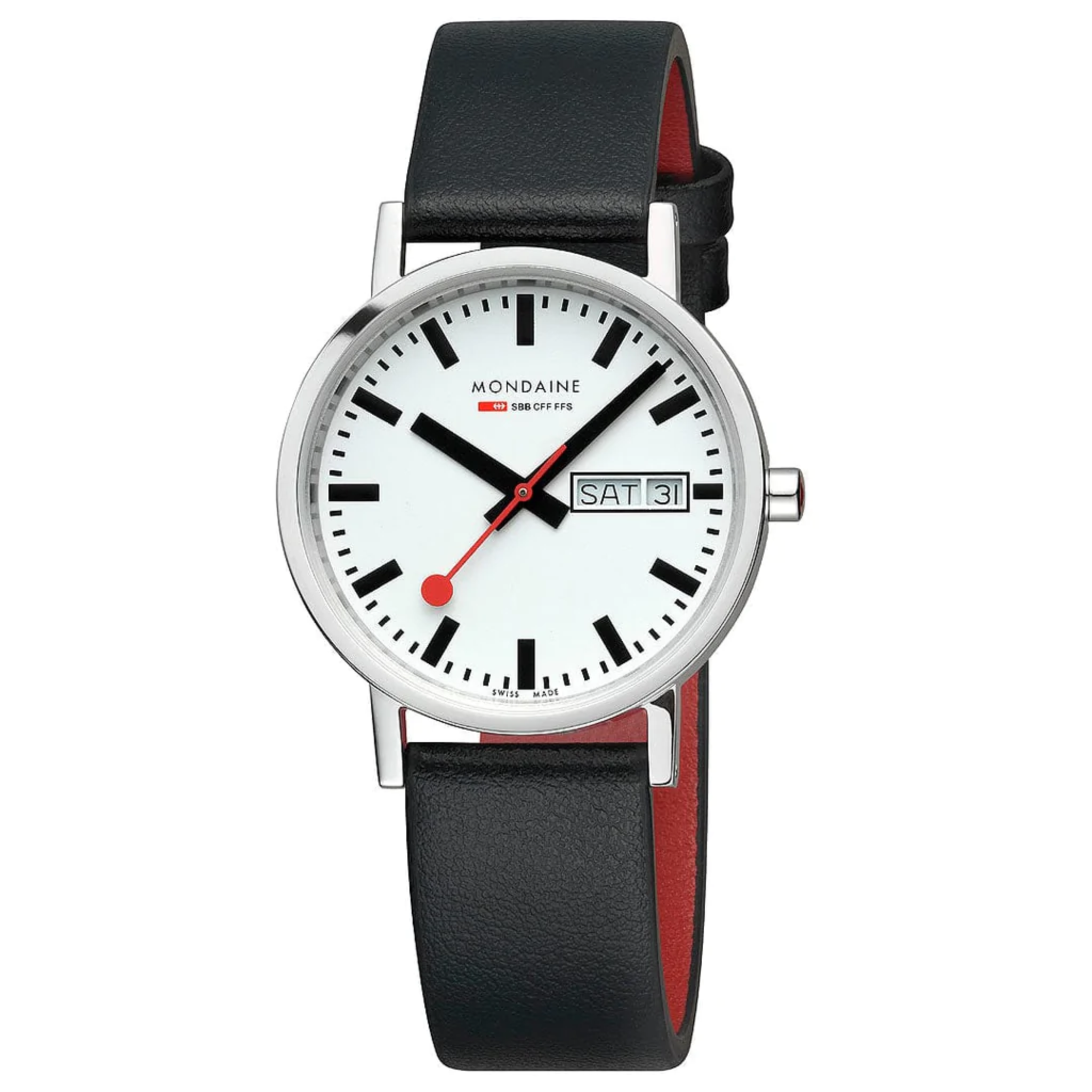 MONDAINE OFFICIAL SWISS RAILWAYS CLASSIC DAY/DATE WATCH - BLACK LEATHER 36mm
