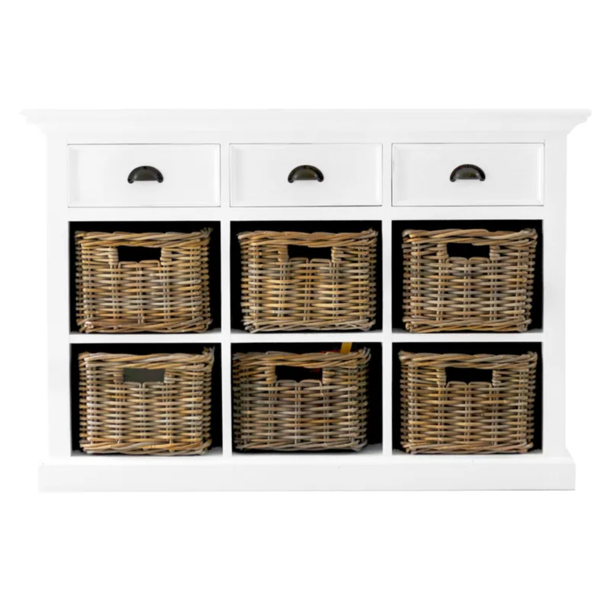 HALIFAX 3 DRAWER 6 RATTAN BASKET BUFFET - WHITE*