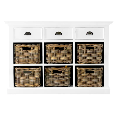 HALIFAX 3 DRAWER 6 RATTAN BASKET BUFFET - WHITE*