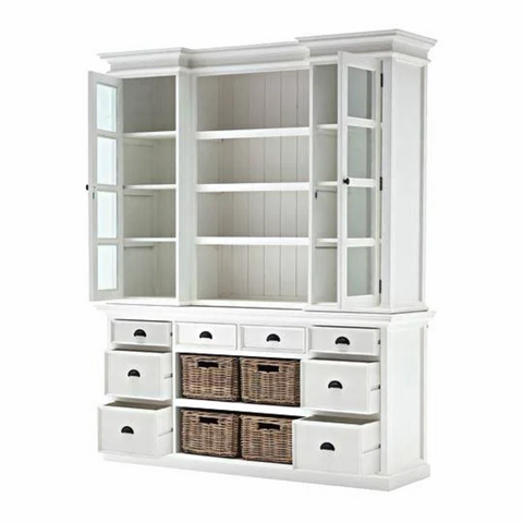 HALIFAX MAHOGANY LIBRARY HUTCH & RATTAN BASKET SET - WHITE