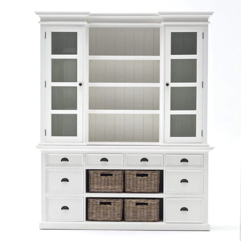 HALIFAX MAHOGANY LIBRARY HUTCH & RATTAN BASKET SET - WHITE