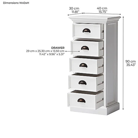 HALIFAX CHEST OF 5 DRAWERS 40CM (W) -  WHITE