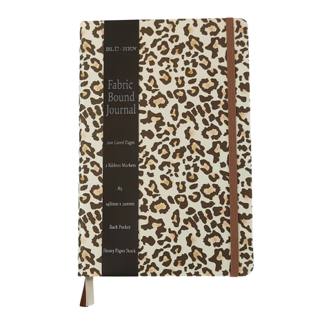 JOURNAL A5 LINED FABRIC BOUND 2 RIBBON MARKERS - LEOPARD PRINT