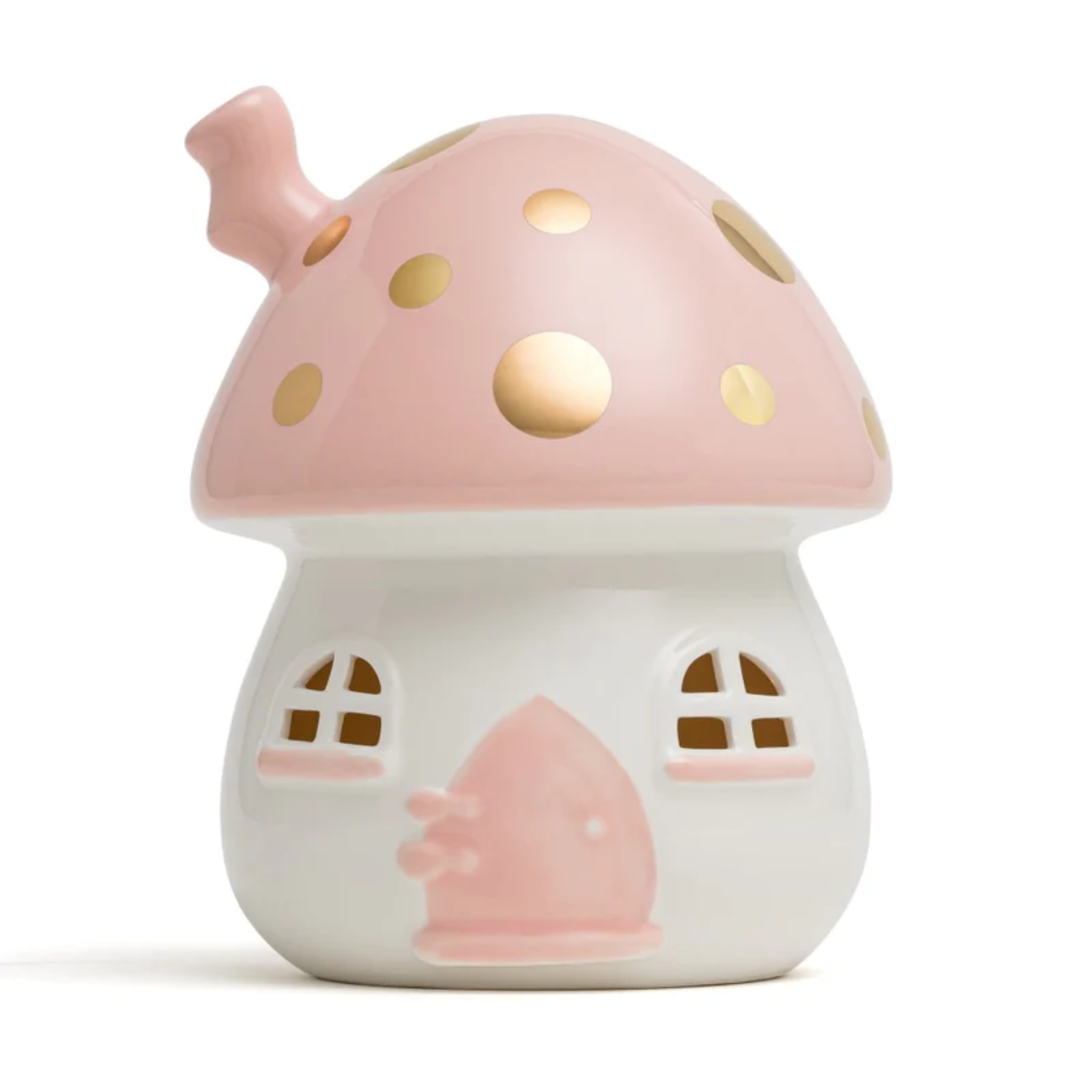 FAIRY HOUSE NIGHTLIGHT WITH REMOTE  - PORCELAIN - PINK & GOLD