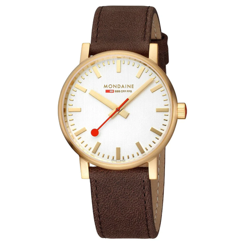 MONDAINE EVO2 SILVER DIAL GOLDEN STAINLESS STEEL WATCH -  BROWN LEATHER 40mm