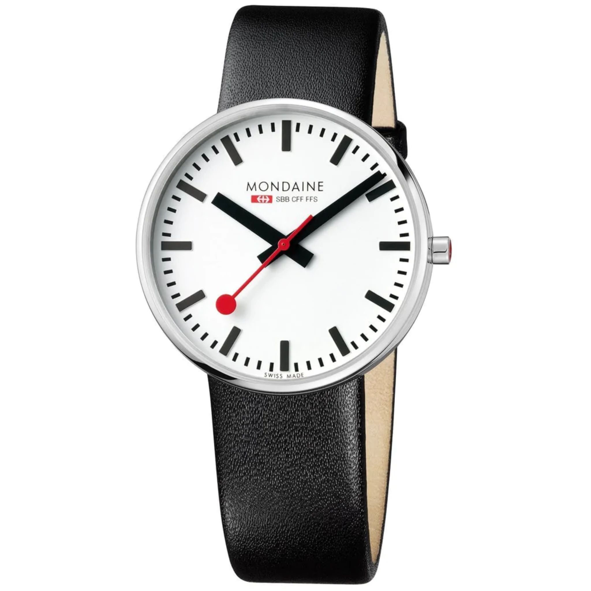 MONDAINE OFFICIAL SWISS RAILWAYS GIANT BACKLIGHT WATCH -  BLACK LEATHER  42mm