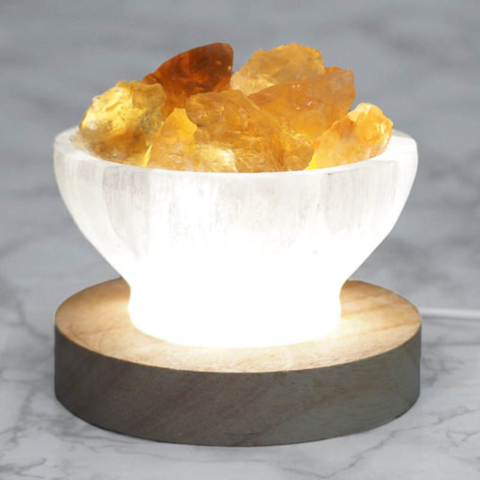 SELENITE BOWL WITH CITRINE ON TIMBER LED BASE