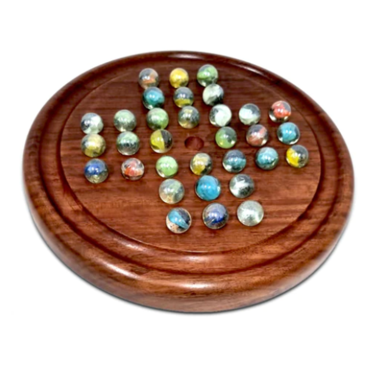 WOODEN SOLITAIRE GAME WITH MARBLE BALLS