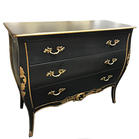 FRENCH  ANTIQUED  CHEST - BLACK WITH GOLD TRIM