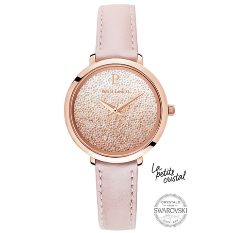 PIERRE LANNIER FRANCE LA PETITE ROSE GOLD PINK  SWAROVSKI DIAL/PINK LEATHER