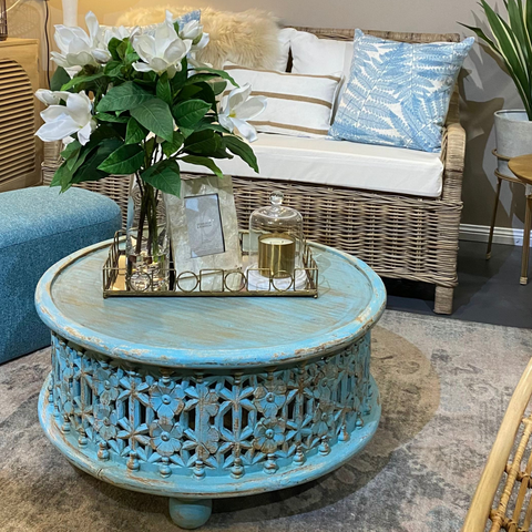 DELILAH CARVED COFFEE TABLE - WEATHERED TURQUOISE