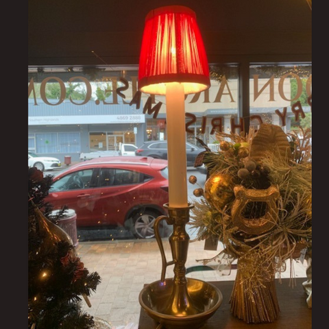 BRASS CANDLE HOLDER LAMP - MAROON RED SHADE